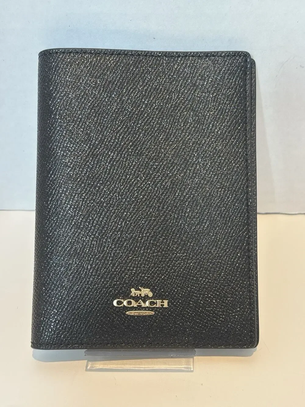 Coach Black Crossgrain Leather Passport Holder Wallet Travel Case Gold Logo